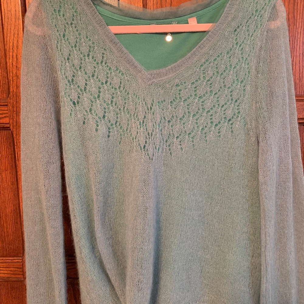 Lovely Anthropologie green sweater delicate lacy stitching lined size L